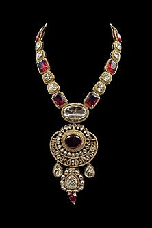 Gold Finish Red Kundan Polki Long Necklace Set