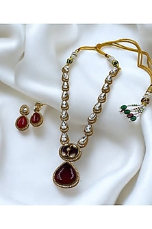 Gold Finish Purple Kundan Polki Long Necklace Set