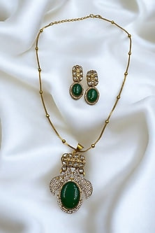 Gold Finish Green Kundan Polki Chain Pendant Necklace Set