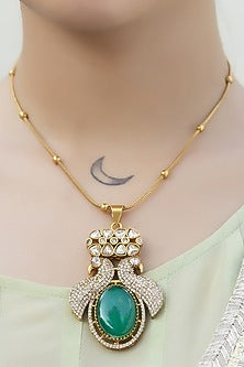 Gold Finish Green Kundan Polki Chain Pendant Necklace Set