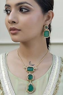 Gold Finish Green Kundan Polki Chain Pendant Necklace Set