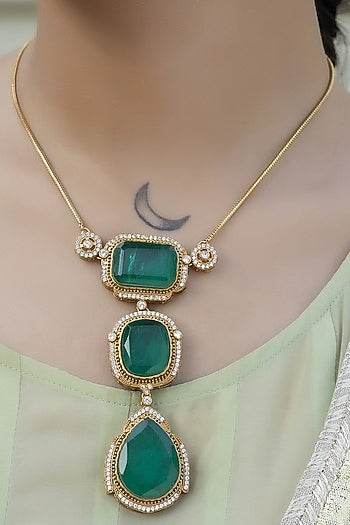 Gold Finish Green Kundan Polki Chain Pendant Necklace Set
