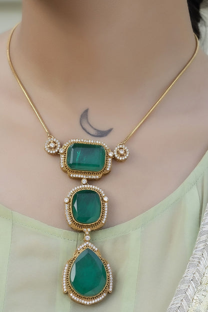 Gold Finish Green Kundan Polki Chain Pendant Necklace Set