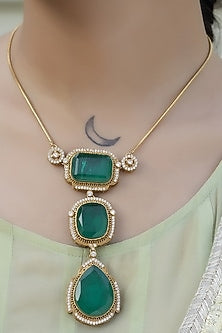 Gold Finish Green Kundan Polki Chain Pendant Necklace Set