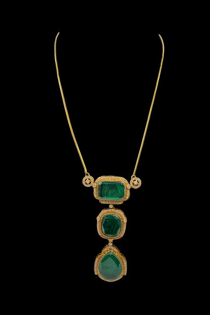Gold Finish Green Kundan Polki Chain Pendant Necklace Set
