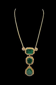 Gold Finish Green Kundan Polki Chain Pendant Necklace Set