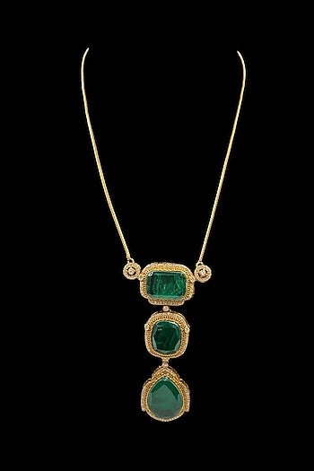 Gold Finish Green Kundan Polki Chain Pendant Necklace Set