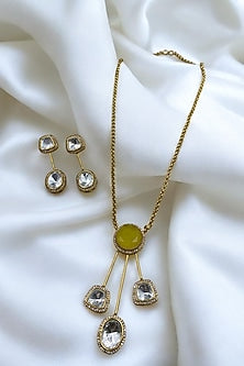 Gold Finish Yellow Stone & Kundan Polki Chain Pendant Necklace Set
