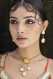 Gold Finish Yellow Stone & Kundan Polki Chain Pendant Necklace Set