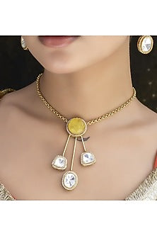 Gold Finish Yellow Stone & Kundan Polki Chain Pendant Necklace Set