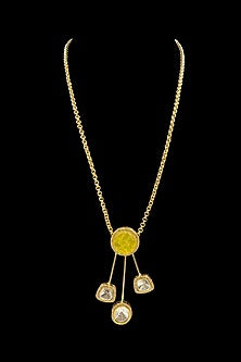 Gold Finish Yellow Stone & Kundan Polki Chain Pendant Necklace Set