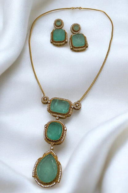 Gold Finish Mint Green Kundan Polki Chain Pendant Necklace Set