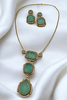 Gold Finish Mint Green Kundan Polki Chain Pendant Necklace Set