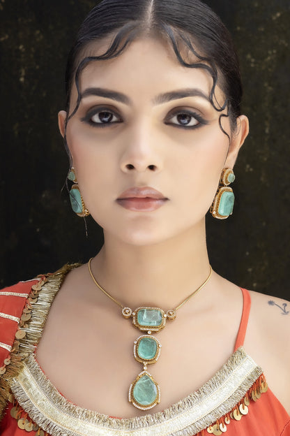 Gold Finish Mint Green Kundan Polki Chain Pendant Necklace Set