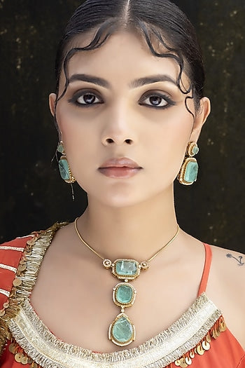 Gold Finish Mint Green Kundan Polki Chain Pendant Necklace Set