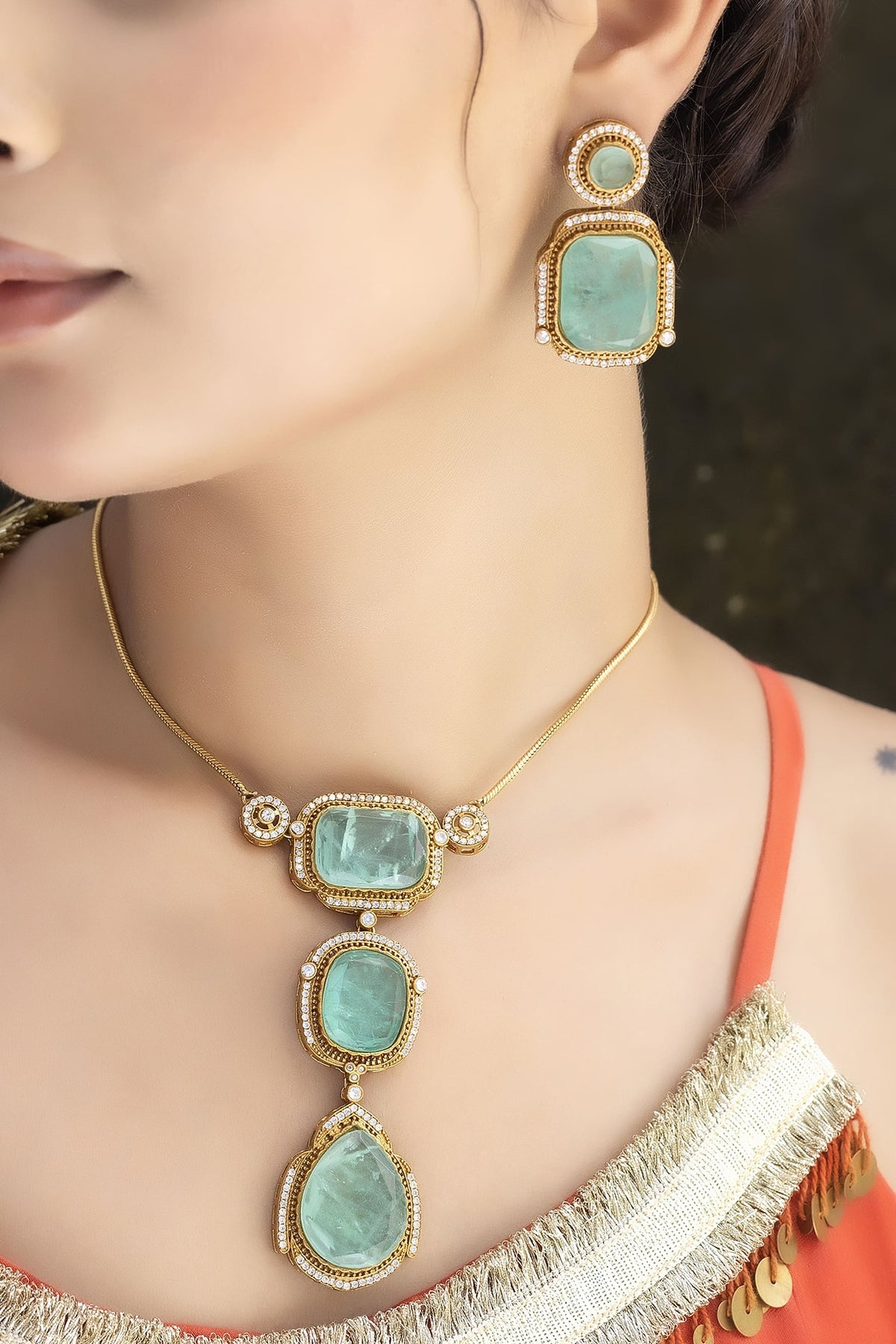 Gold Finish Mint Green Kundan Polki Chain Pendant Necklace Set