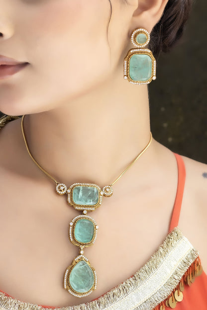 Gold Finish Mint Green Kundan Polki Chain Pendant Necklace Set