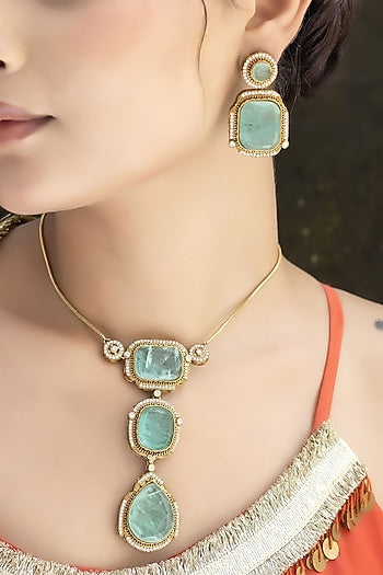 Gold Finish Mint Green Kundan Polki Chain Pendant Necklace Set