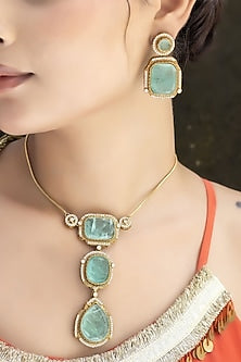 Gold Finish Mint Green Kundan Polki Chain Pendant Necklace Set