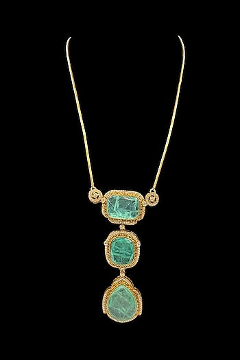 Gold Finish Mint Green Kundan Polki Chain Pendant Necklace Set