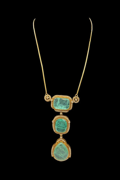 Gold Finish Mint Green Kundan Polki Chain Pendant Necklace Set