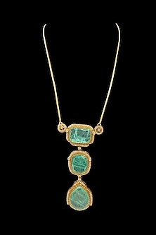 Gold Finish Mint Green Kundan Polki Chain Pendant Necklace Set