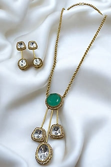 Gold Finish Mint Green Kundan Polki Chain Pendant Necklace Set