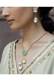 Gold Finish Mint Green Kundan Polki Chain Pendant Necklace Set