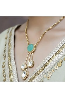 Gold Finish Mint Green Kundan Polki Chain Pendant Necklace Set