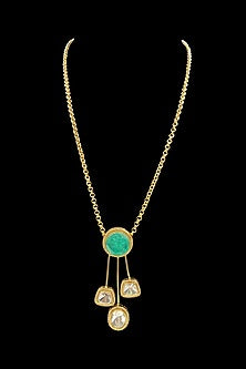 Gold Finish Mint Green Kundan Polki Chain Pendant Necklace Set