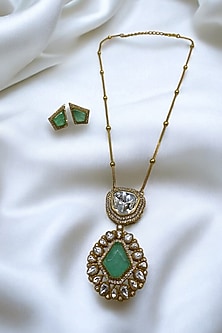 Gold Finish Mint Green Kundan Polki Chain Pendant Necklace Set