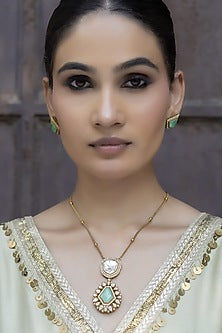 Gold Finish Mint Green Kundan Polki Chain Pendant Necklace Set