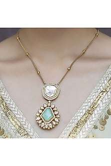 Gold Finish Mint Green Kundan Polki Chain Pendant Necklace Set