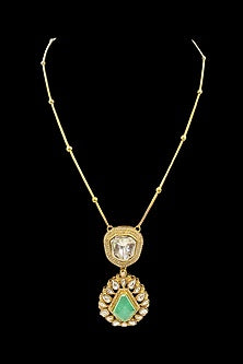 Gold Finish Mint Green Kundan Polki Chain Pendant Necklace Set