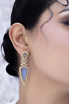 Gold Finish Kundan Polki & Blue Stone Dangler Earrings
