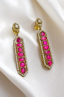 Gold Finish Kundan Polki & Ruby Stone Dangler Earrings