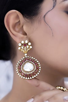 Gold Finish Kundan Polki & Ruby Dangler Earrings