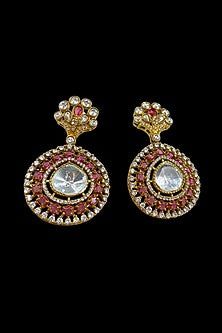 Gold Finish Kundan Polki & Ruby Dangler Earrings