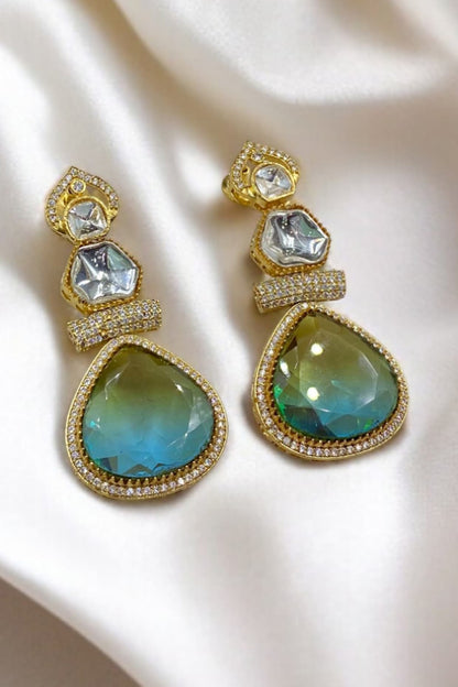 Gold Finish Kundan Polki & Aqua Stone Dangler Earrings