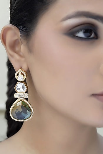 Gold Finish Kundan Polki & Aqua Stone Dangler Earrings