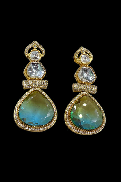 Gold Finish Kundan Polki & Aqua Stone Dangler Earrings