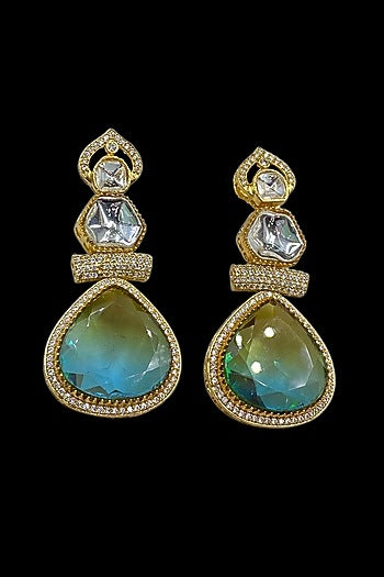 Gold Finish Kundan Polki & Aqua Stone Dangler Earrings