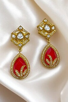 Gold Finish Kundan Polki & Ruby Dangler Earrings