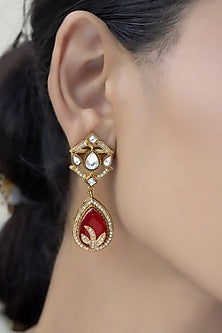 Gold Finish Kundan Polki & Ruby Dangler Earrings
