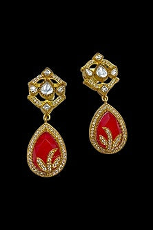 Gold Finish Kundan Polki & Ruby Dangler Earrings
