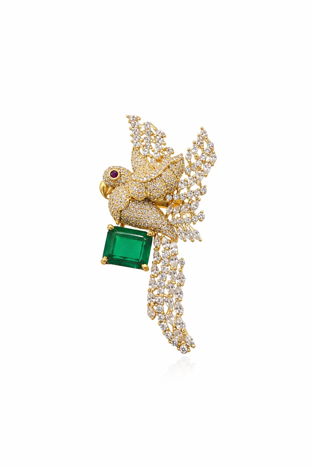 Gold Finish Emerald Doublet & CZ Stone Parrot Brooch