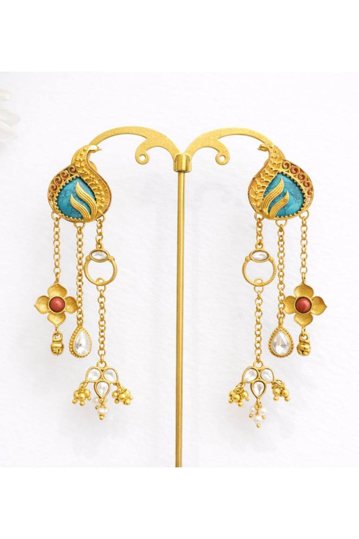 Gold Finish Moissanite Polki & Aquamarine Stone Jhumka Earrings