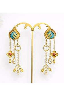Gold Finish Moissanite Polki & Aquamarine Stone Jhumka Earrings