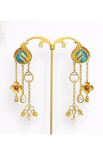Gold Finish Moissanite Polki & Aquamarine Stone Jhumka Earrings