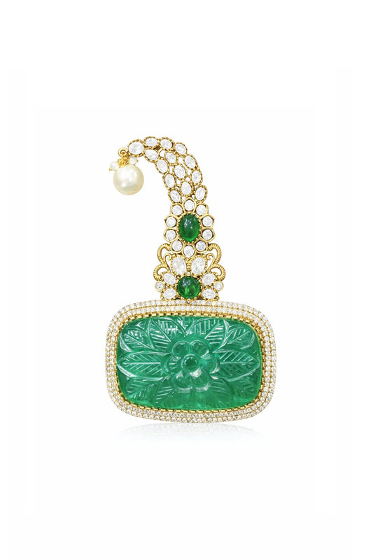 Gold Finish Emerald Carved Stone & CZ Stone Rectangle Brooch